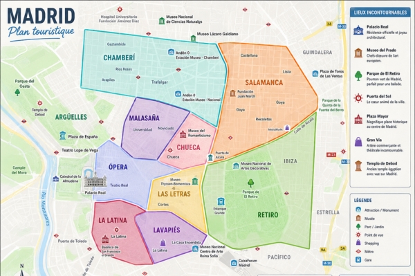 Carte touristique de Madrid avec les quartiers Les quartiers à visiter à Madrid