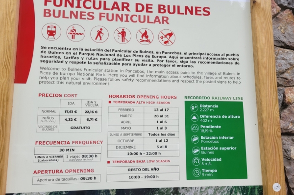 panneau affichage funiculaire Bulnes Tarifs et horaire du funiculaire de Bulnes